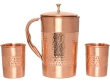 Pure Copper Water Jug with 2 Copper Tumblers Hammered and Plain Pattern  With Straight Glass